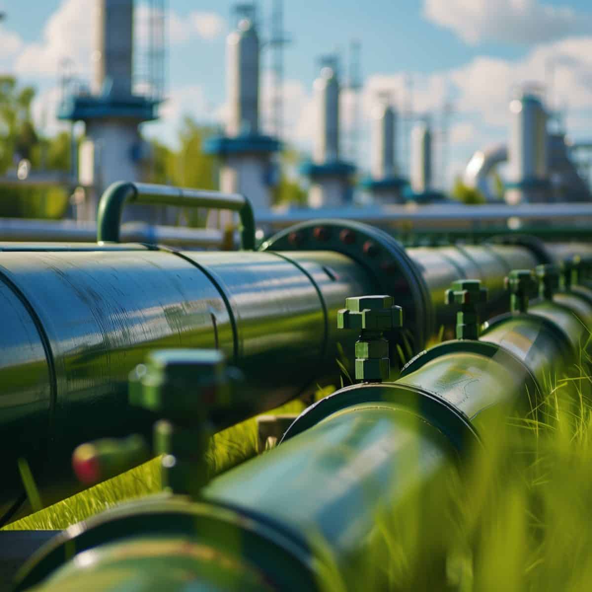 green gas pipeline with large metal pipes for natural fuel transport, energy industry concept. pipes arranged in a park near an electrical power plant, blue sky background, shallow depth of field
